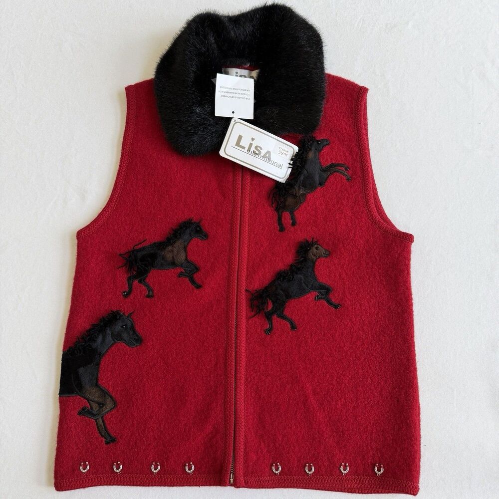 Lisa International Red Boiled Wool Vest M Full Zip Equestrian Horse NWT